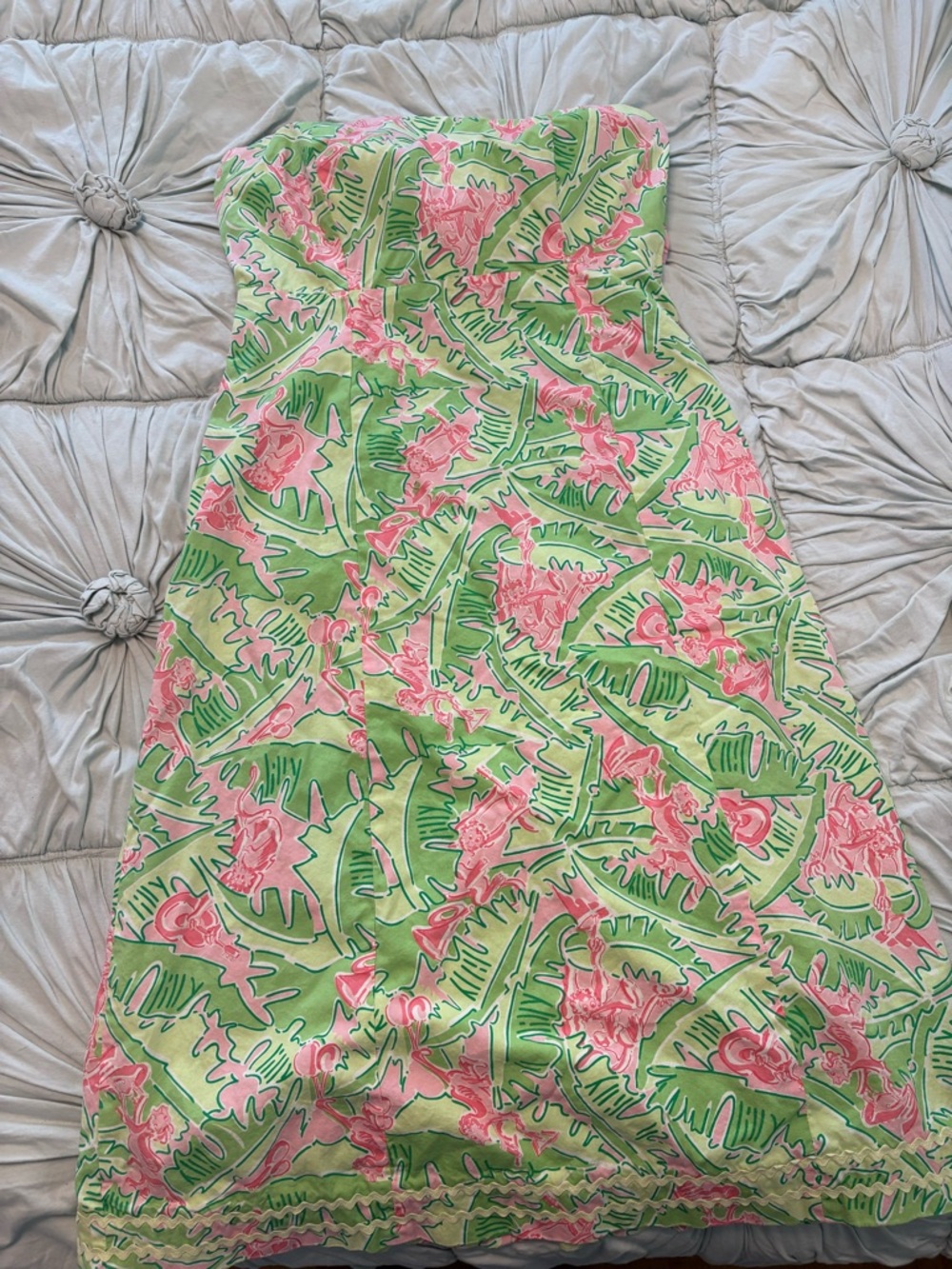 Lilly Pulitzer Strapless Floral-Leaf Dress in Green and Pink. Monkey pattern